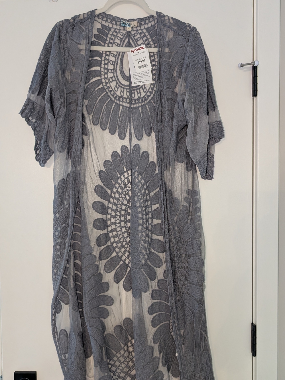 Gray Lace Floral Open Front Duster Kimono